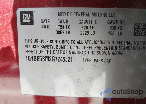 2016 Chevrolet Cruze Lt Auto из США, поврежденный, VIN 1G1BE5SM2G7245321